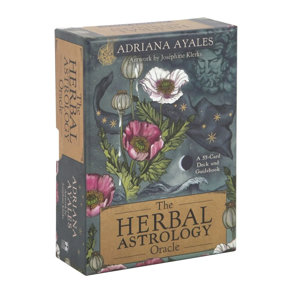 Herbal astrology oracle cards deck and guidebook by Adriana Ayales with botanical and astrological illustrations in a matching box