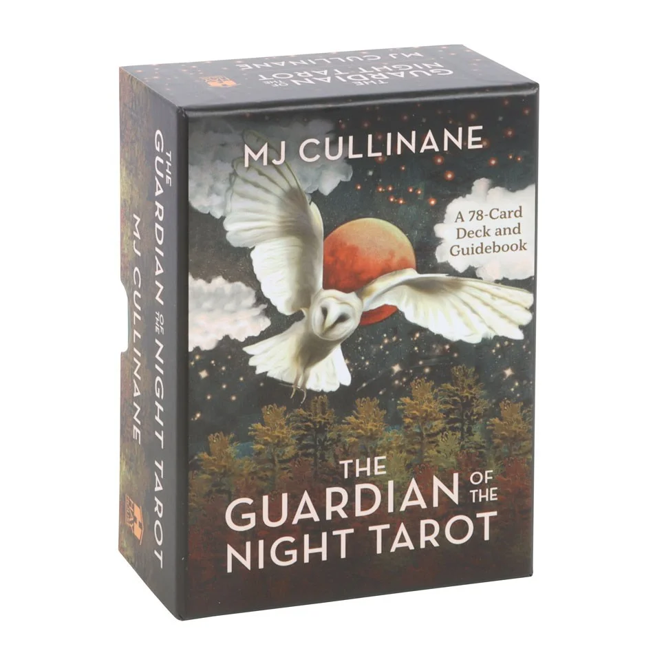 Guardian of the Night tarot cards deck fanned out showing animal-themed card artwork and guidebook on a dark background