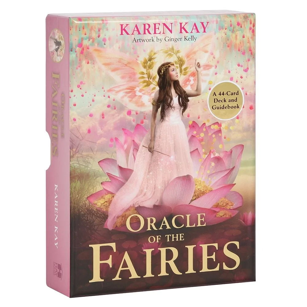 Oracle of the Fairies cards deck with illustrated cards and sliding box by Karen Kay and Ginger Kelly on white background