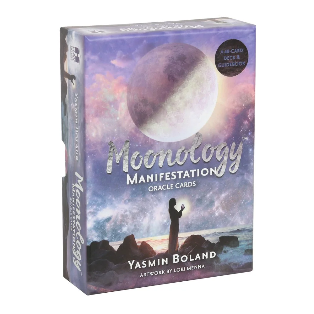 Moonology Manifestation Oracle cards deck with 48 illustrated cards and guidebook, featuring moon oracle cards by Yasmin Boland