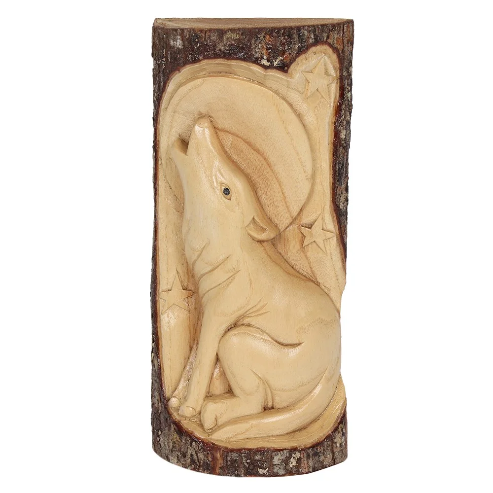 Handcarved 30cm tall slim wolf wood carving wall plaque with detailed wolf design for vertical wall decoration