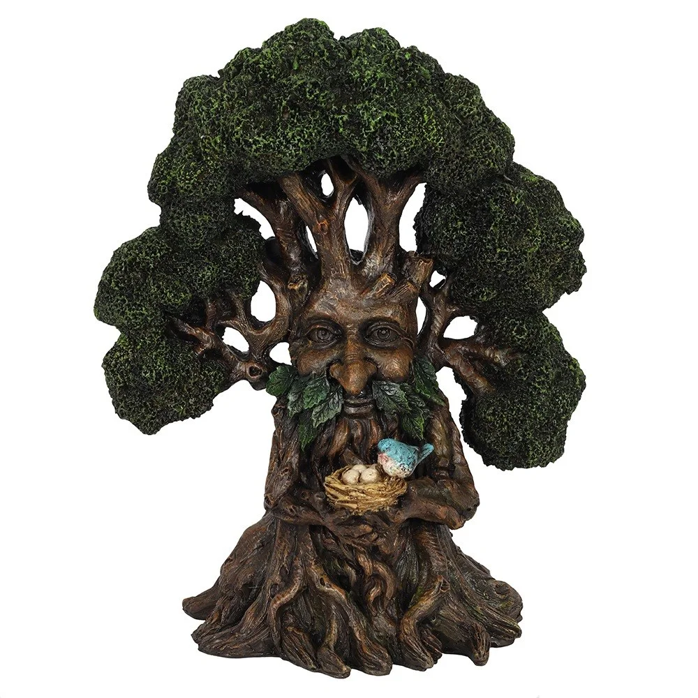 Intricately designed 32cm Green Man ornament holding a bird and nest with a wood-like finish