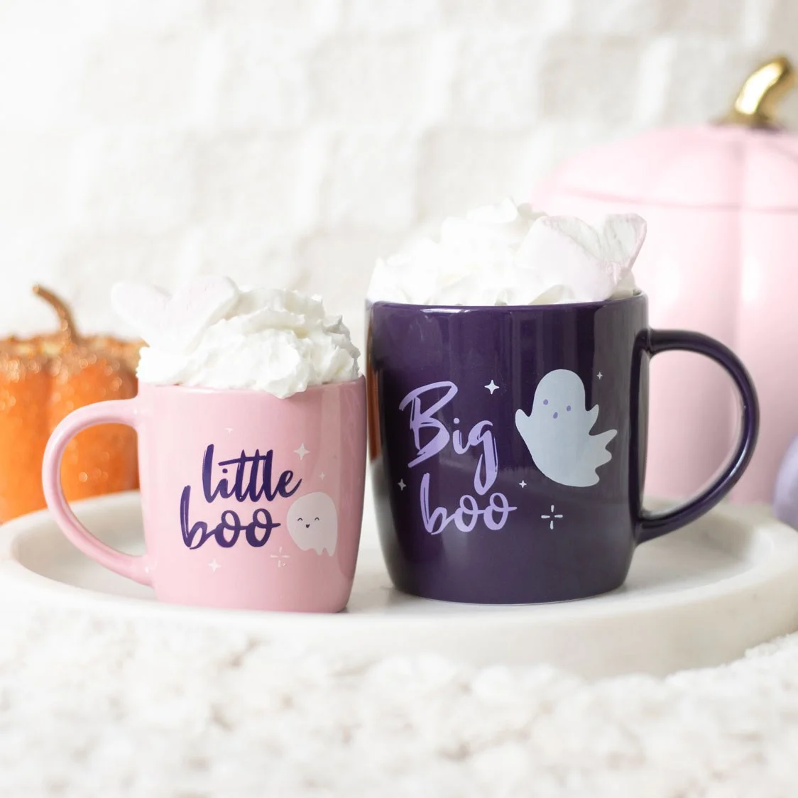 Big Boo Little Boo Halloween mug set with purple and pink ghost designs, large and small sizes on white background