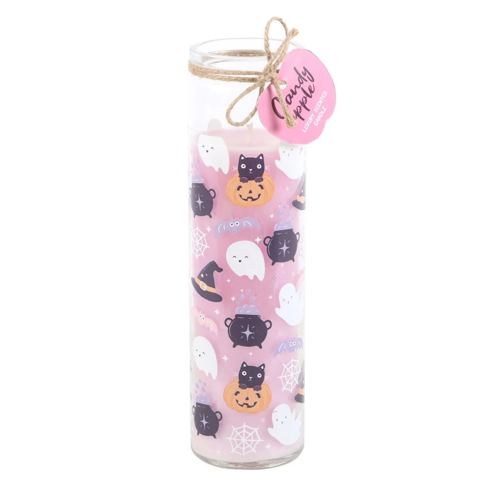 Pastel Halloween scented candle tube with candy apple scent, black cat and ghost designs on the label