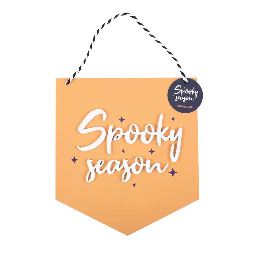 Orange Halloween hanging sign with "Spooky Season" text in pastel orange, hanging by a string for Halloween decor
