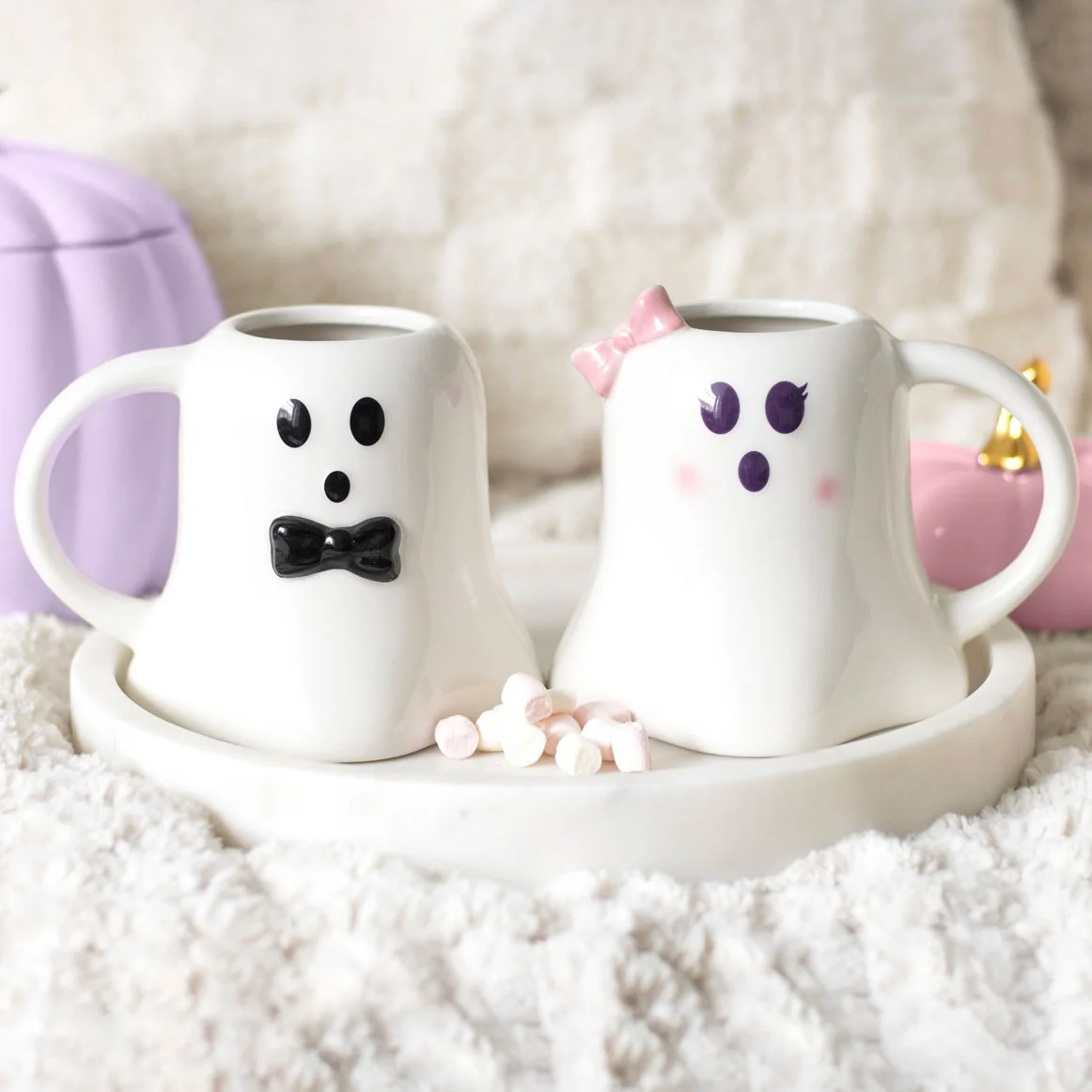 Mr and Mrs Boo ghost shaped mug set with pink bow and black bow tie, each holding 440ml, perfect for Halloween