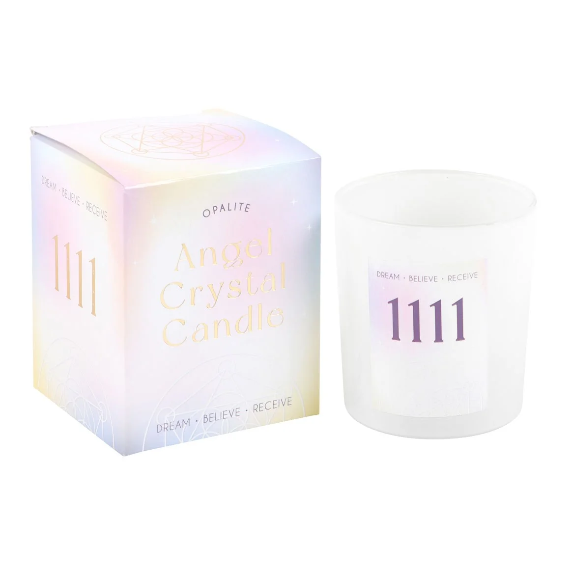 Angel number candle with opalite crystals in a glass jar, scented with lavender and patchouli, for positive energy and intuition.