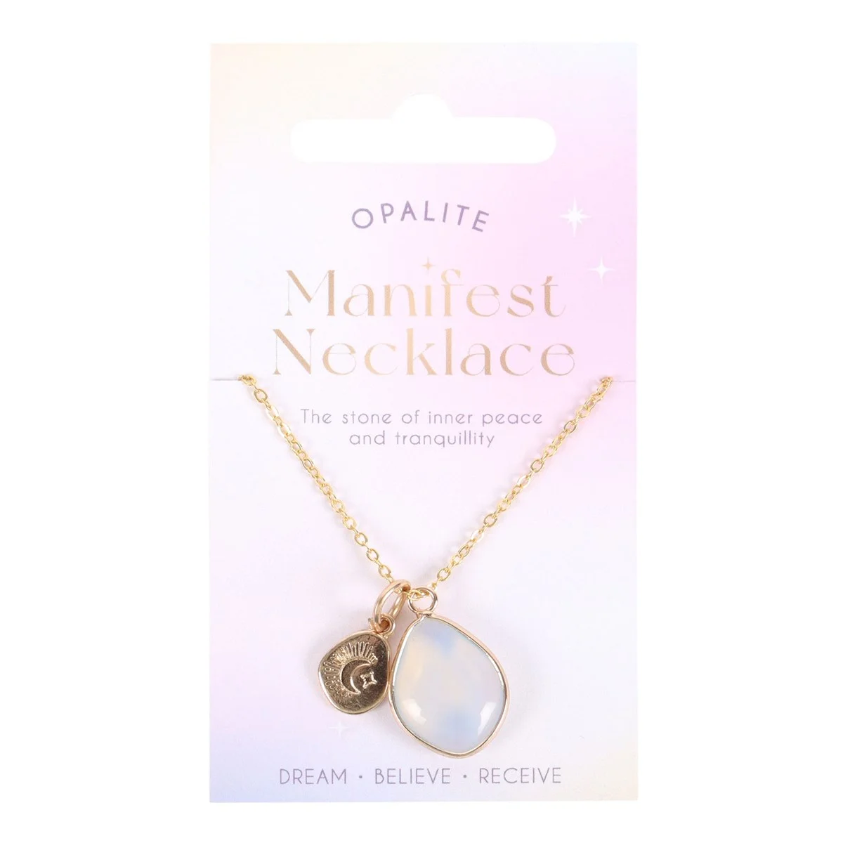 Gold alloy opalite manifestation necklace with a smooth opalite stone pendant on a delicate chain against white background
