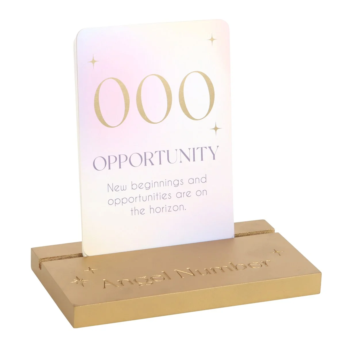 Angel number affirmation cards displayed on a gold wooden stand showing spiritual affirmations and numbers.