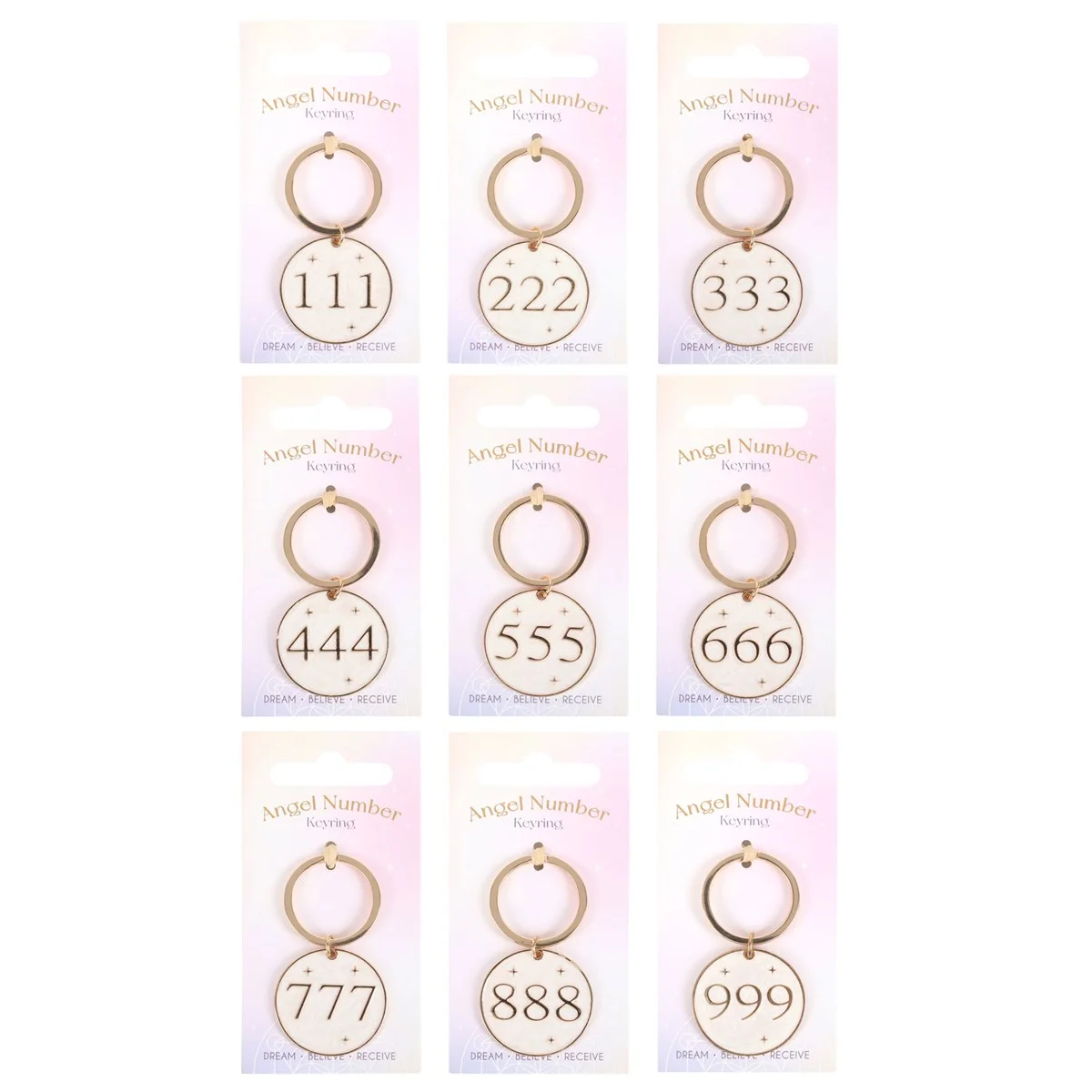 Set of 9 metal angel number keyrings, each featuring a unique spiritual number on a round silver ring.