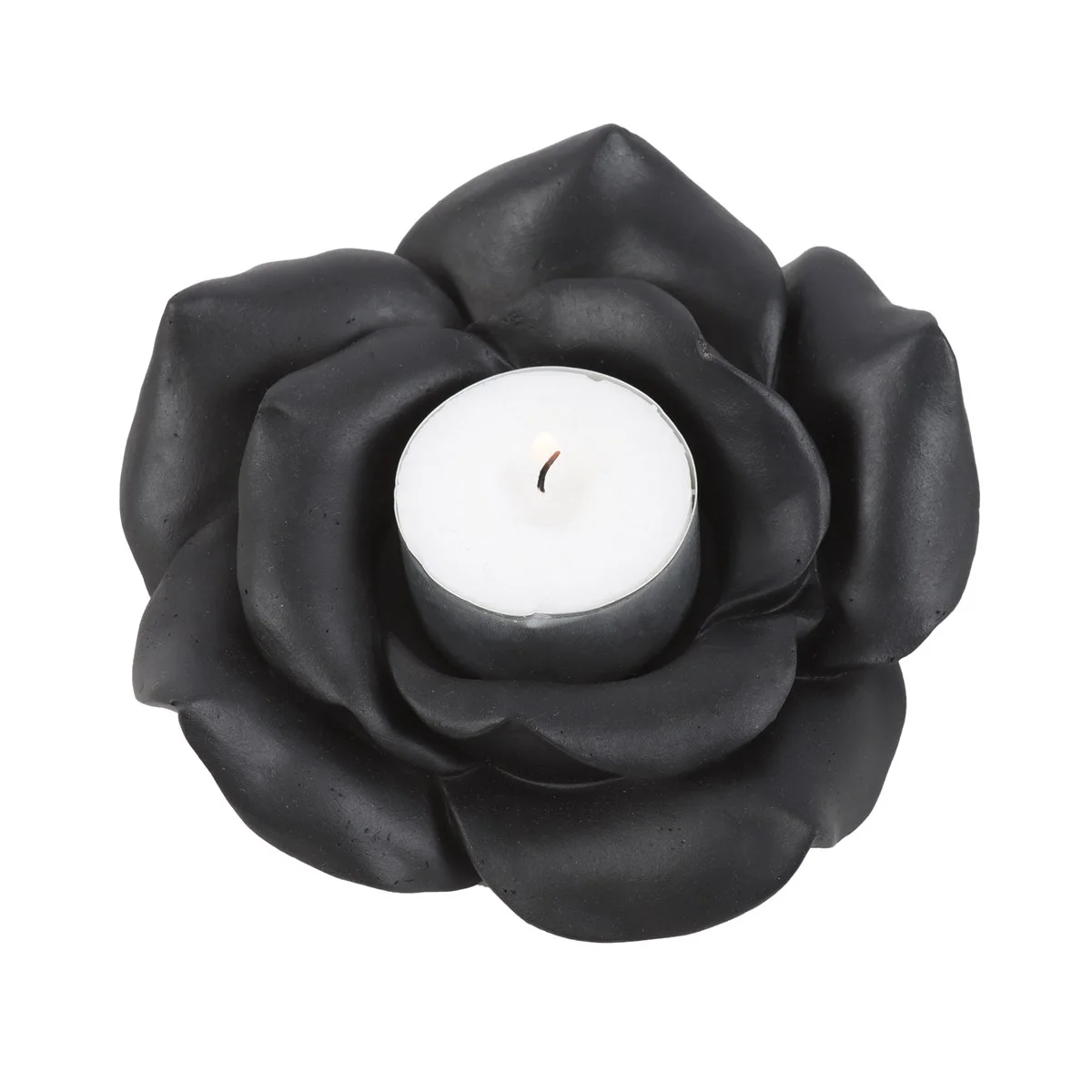 Black rose tealight holder made of resin featuring an intricately crafted rose design holding a lit tealight candle