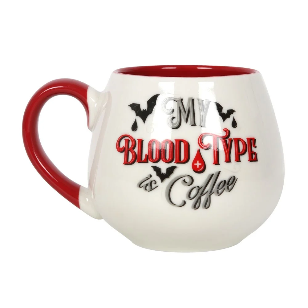 Rounded white coffee mug with red handle and text My Blood Type is Coffee on the front, 500ml capacity