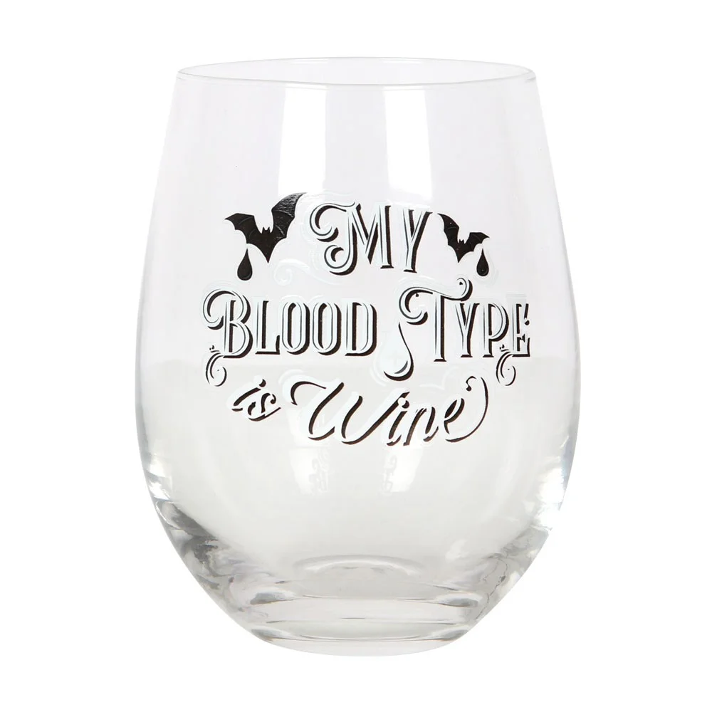 Stemless wine glass with "My Blood Type is Wine" text and gothic bat designs, 500ml capacity, clear glass