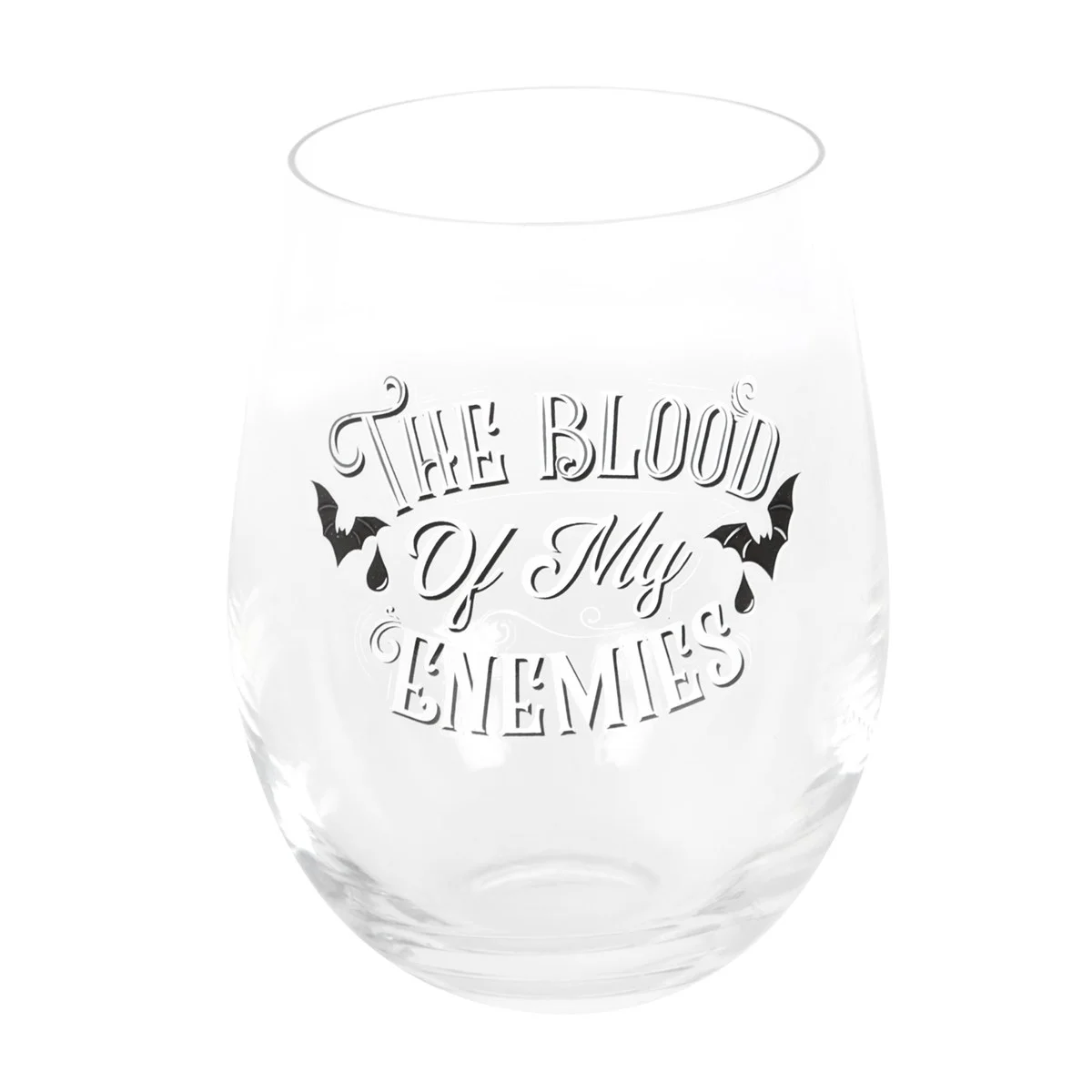 Stemless wine glass with "Blood of my Enemies" text and gothic bat designs, 500ml capacity, clear glass