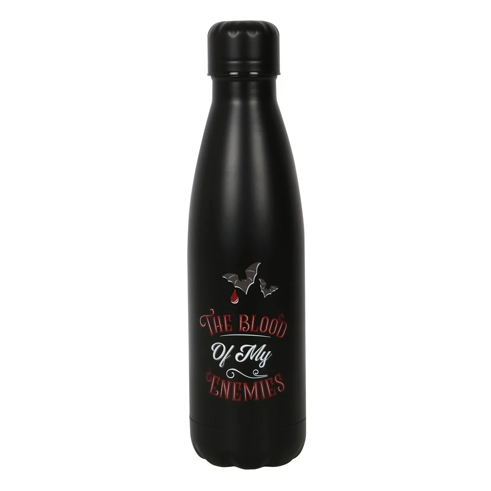 Black metal water bottle with "The Blood of My Enemies" text and bat accents, 500ml capacity, tall and slim design
