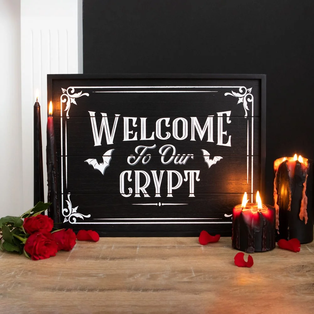 Welcome crypt wall plaque with gothic text and flying bats, 30x40cm, designed for hanging or leaning on walls