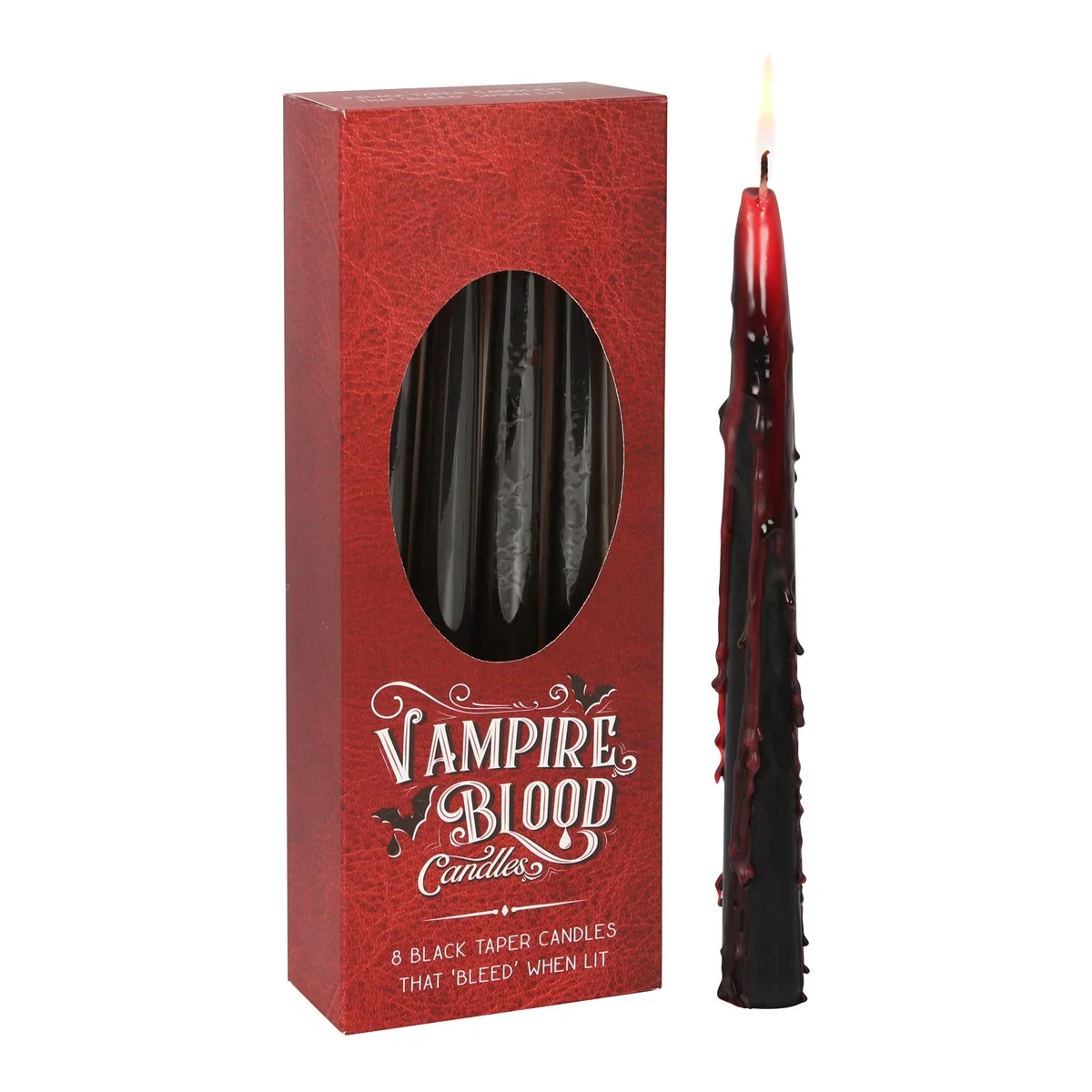 Set of 8 black and red vampire blood taper candles with bleeding wax effect, 25.5cm tall, arranged upright
