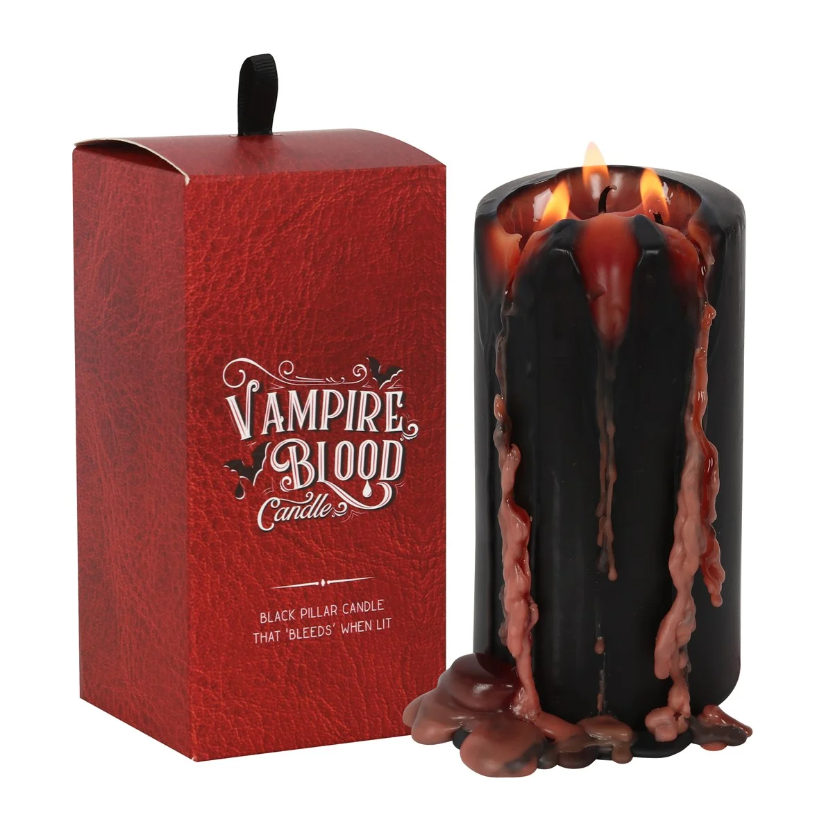 Large vampire blood pillar candle with red wax dripping effect on white background, 15.2cm tall, unscented paraffin wax