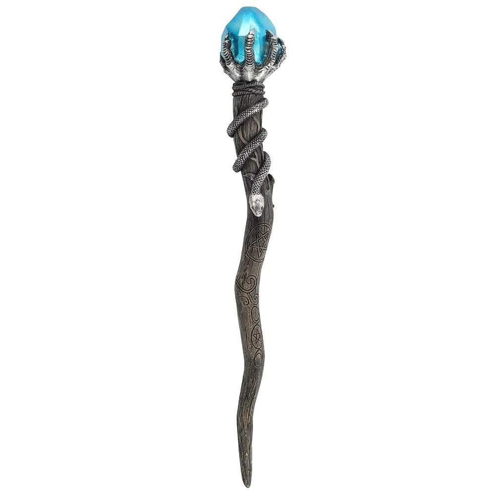 Silver claw wand with pearlescent blue gem, snake and pentagram on treebranch-effect resin stem, 24cm long.