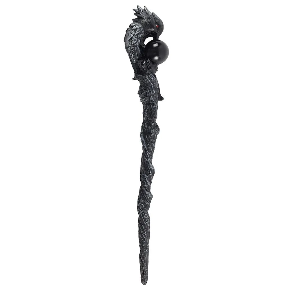 Dark raven wand with red-eyed raven perched on black sphere atop twisted black resin branch, 24cm long for spell casting