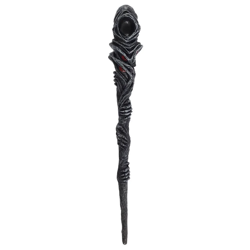 Dark grim reaper wand featuring a cloaked figure with red eyes and sharp claws on a twisted resin branch, 24cm long