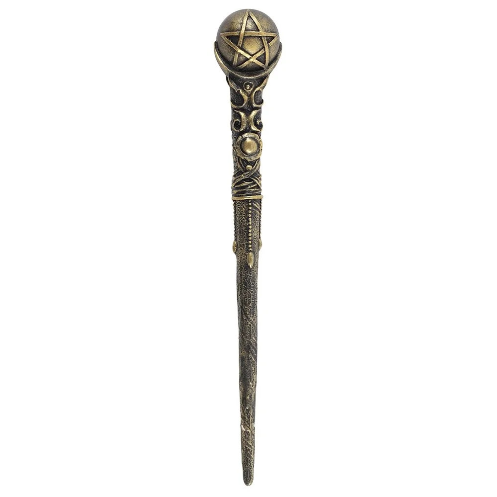 Bronze pentagram wand with 24cm ornate resin stem and bronze orb topped with pentagram symbol on white background