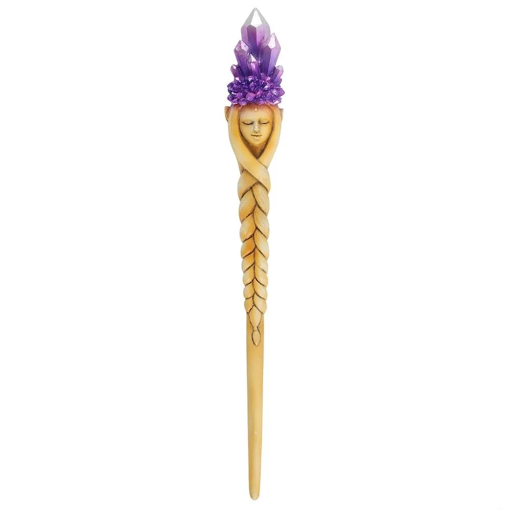 Purple crystal wand with pearlescent cluster atop braided stem and serene goddess figure on top