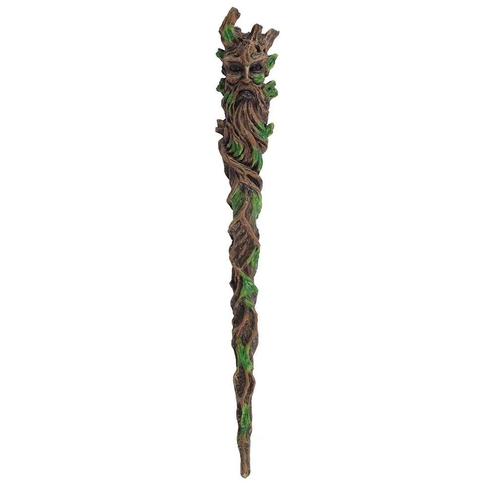 Man of the Wood wand with detailed resin design, green leaves, and twisting branches, 24cm long for natural witches and wizards