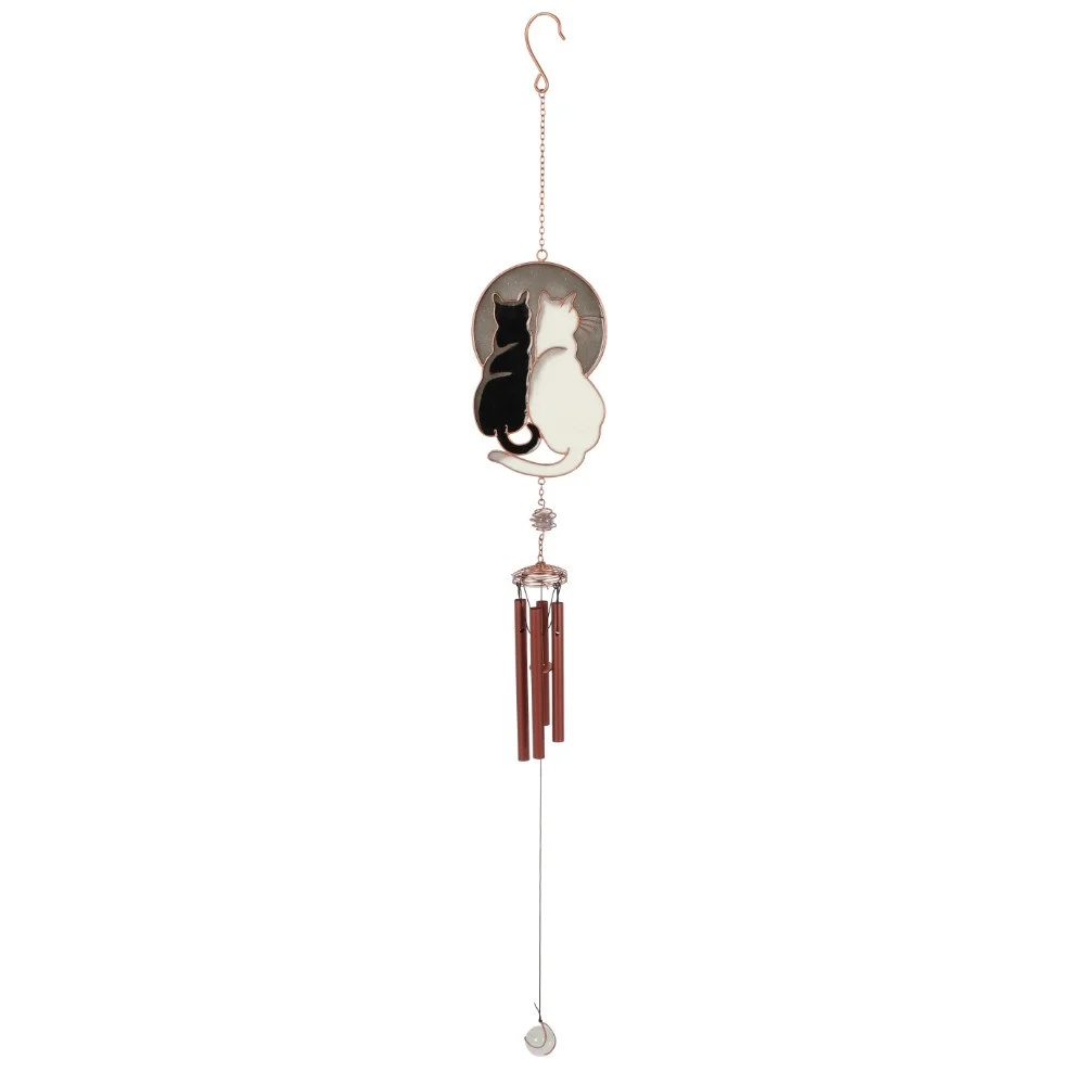 Black and white cat wind chime with two cats sitting side by side gazing at the moon, suitable for indoor or outdoor use