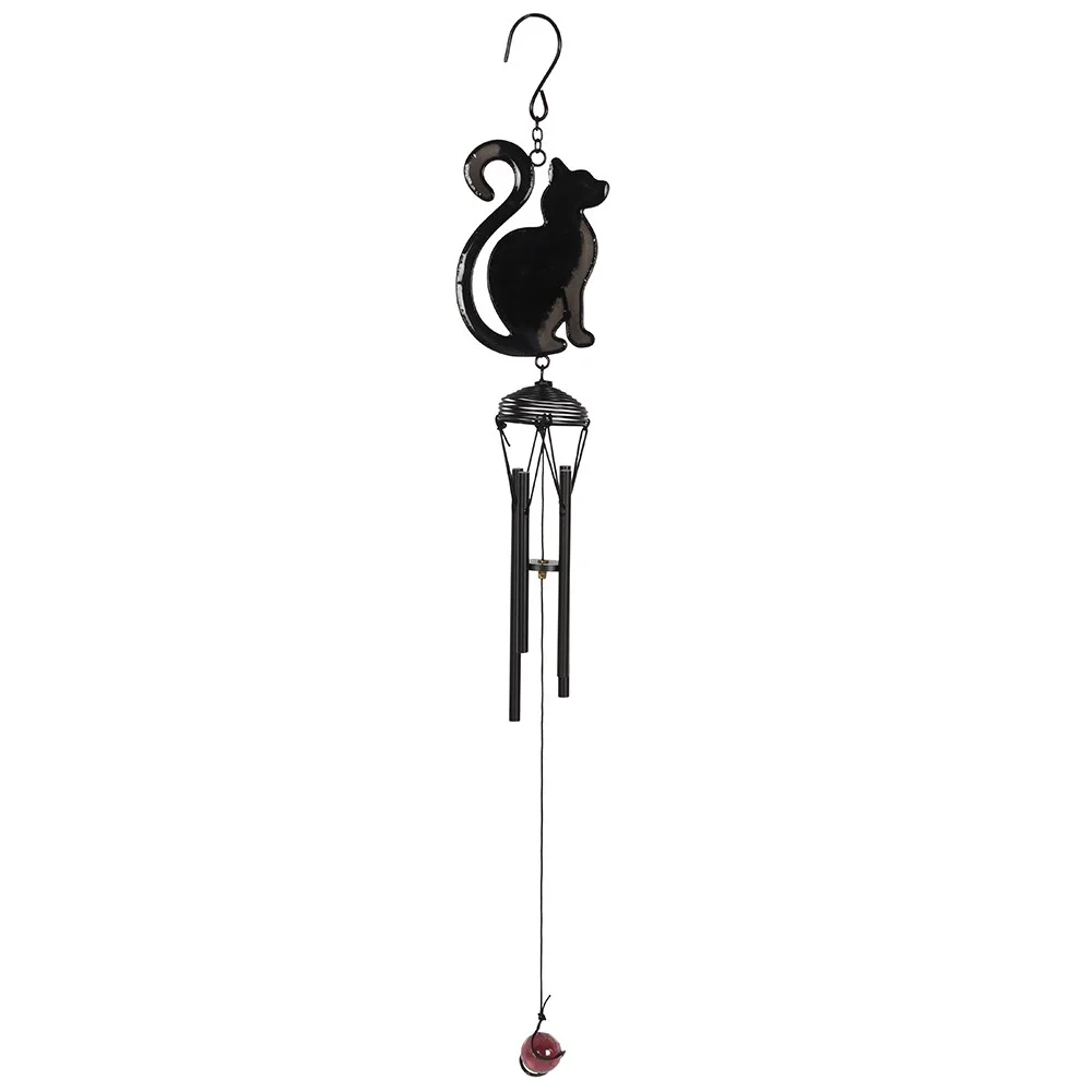 Black cat profile wind chime suspended in air, simple design, lightweight frame.
