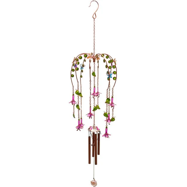 Handcrafted fuchsia windchime made of metal, glass, and resin, suitable for indoor and outdoor display, 76cm tall