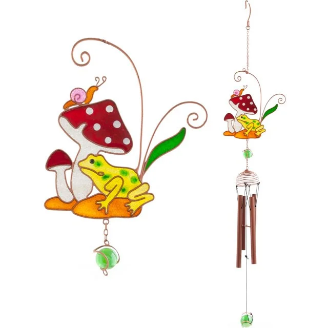 Handcrafted toadstool windchime featuring metal stems, glass globes, and resin caps suspended in an elegant arrangement