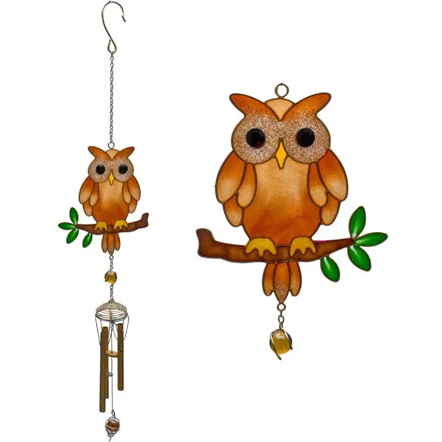 Brown owl windchime with glitter details hanging, measuring 70cm tall and 12.5cm wide, designed for garden use.