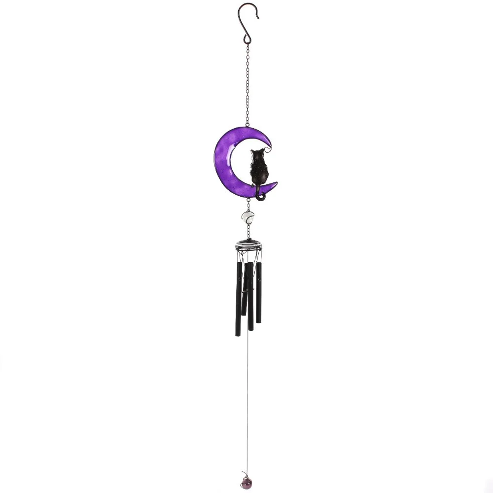 Handcrafted black cat windchime made of metal, glass, and resin, suitable for indoor and outdoor use, 50cm tall.