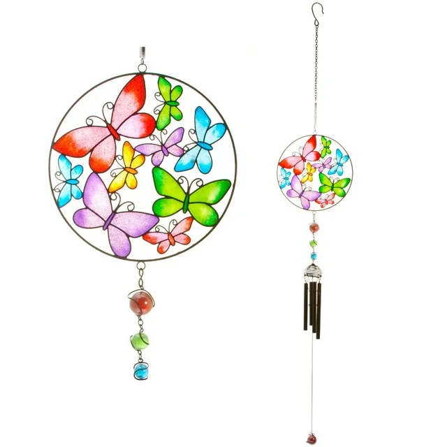 Brightly coloured circle butterfly windchime with circular design, handcrafted and suitable for indoor or outdoor display
