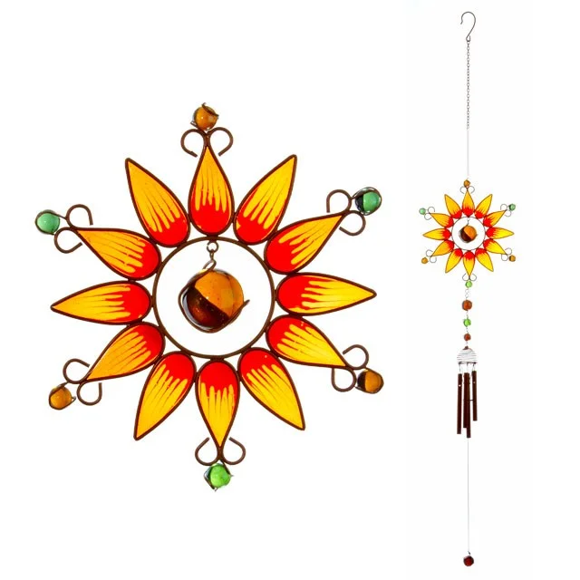 Orange sunflower windchime with colourful bead accents gracefully hanging in the sunshine.