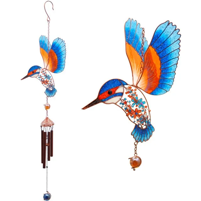 Vibrant kingfisher wind chime featuring metal, glass & resin elements, bright colours, gentle bells, ideal for indoor/outdoor.