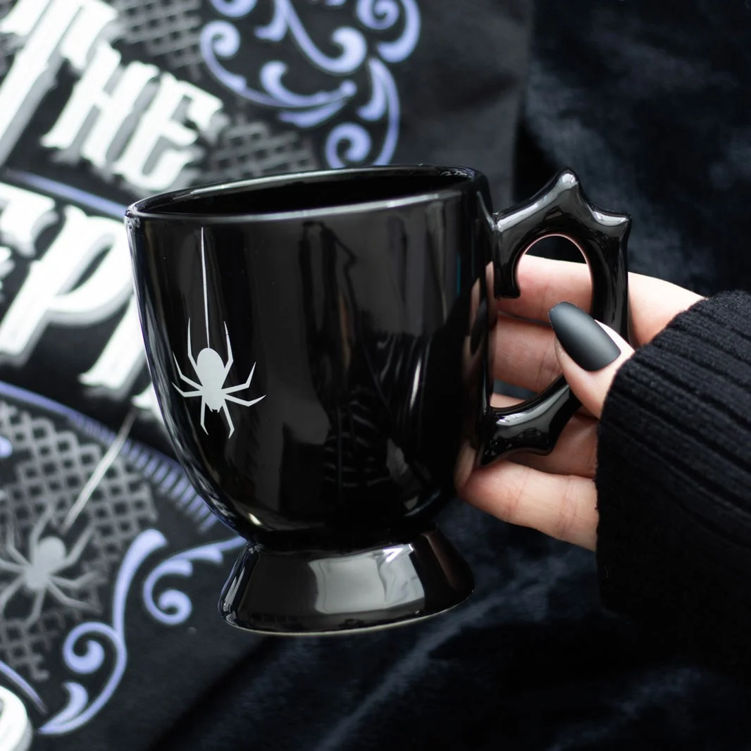 Black spider teacup with thorny black handle and spider print, gothic style, 400ml capacity, handwash only.