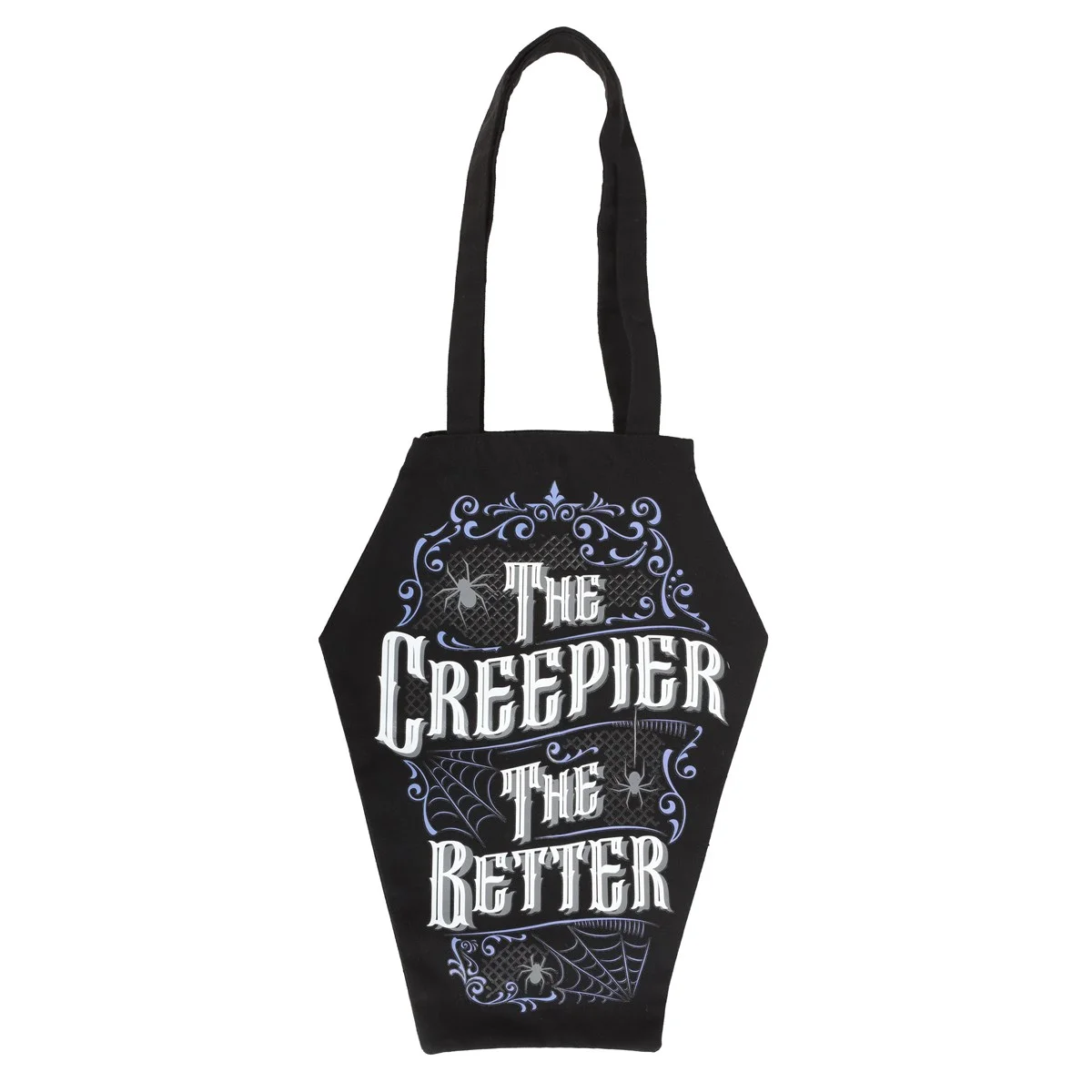 Black coffin shaped tote bag with "The Creepier the Better" text in bold white letters on front