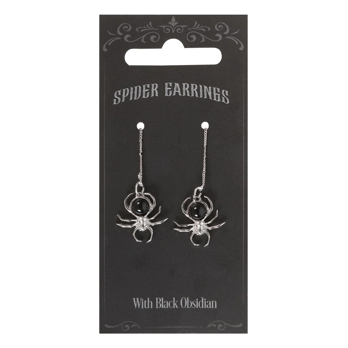 Black obsidian earrings featuring spider design dangling from thin thread, made of stainless steel with black obsidian details