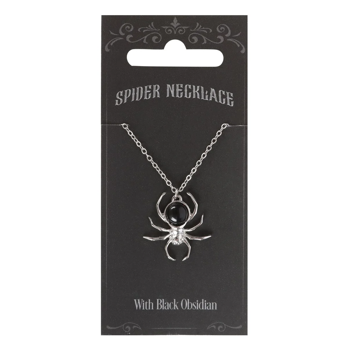 Black obsidian necklace featuring a stainless steel spider pendant hanging from a delicate chain against white background