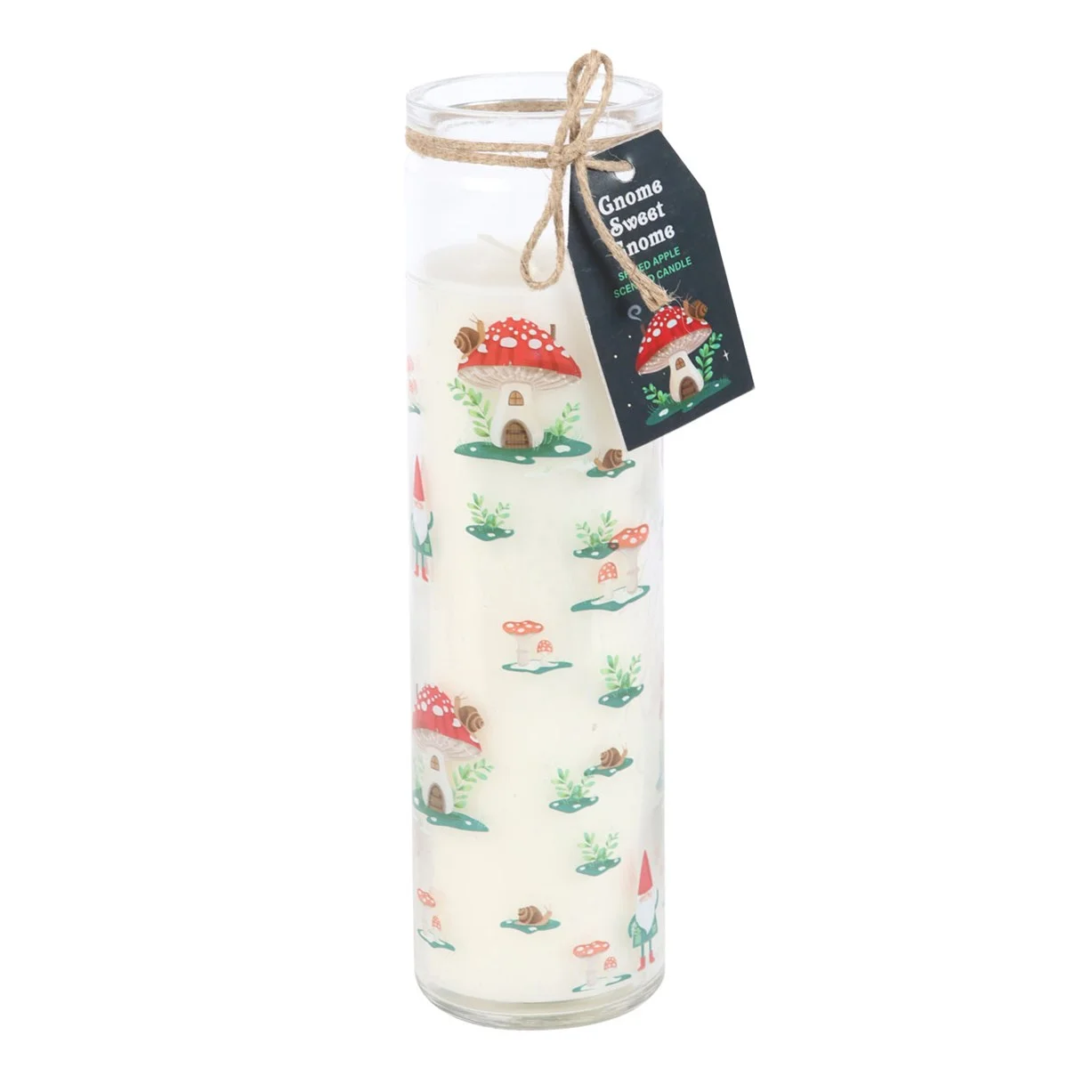 Gnome Sweet Gnome spiced apple candle in a tube with winter forest gnome and mushroom print on white background