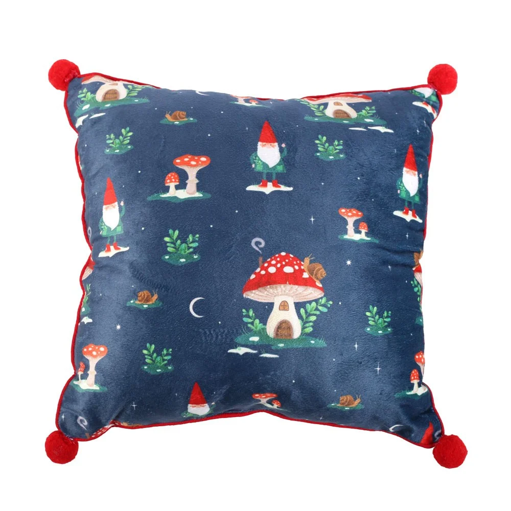35cm square gnome print cushion with winter forest design, mushrooms, snails, and red pom poms on edges