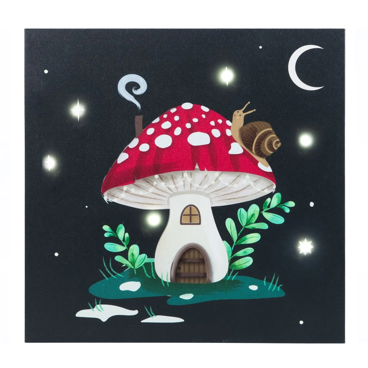 Light up canvas plaque featuring a glowing mushroom home in a winter forest with embedded LED lights and cosy glow