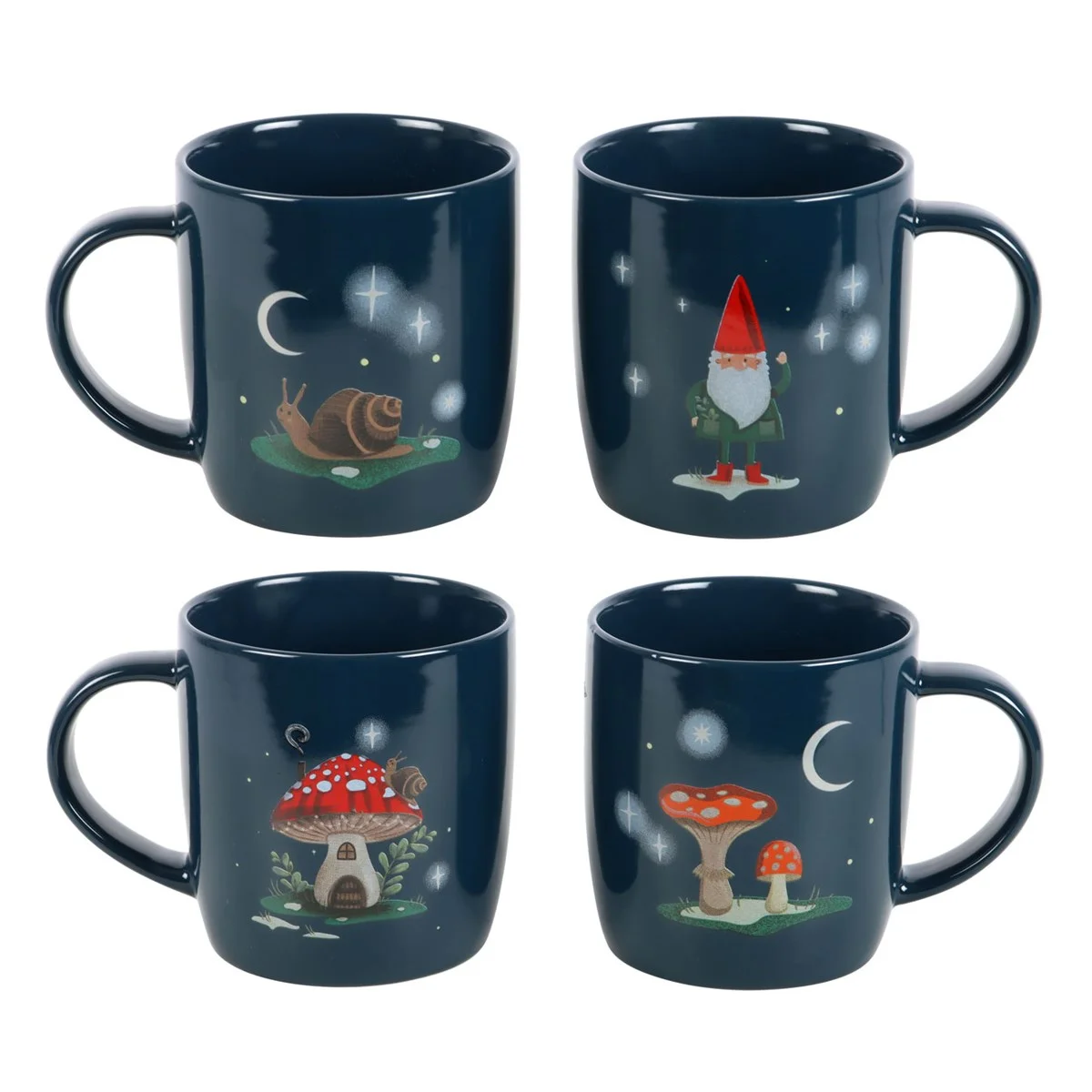 Four navy blue mugs with winter forest designs including a gnome, snail, toadstools, and mushroom house in a set box