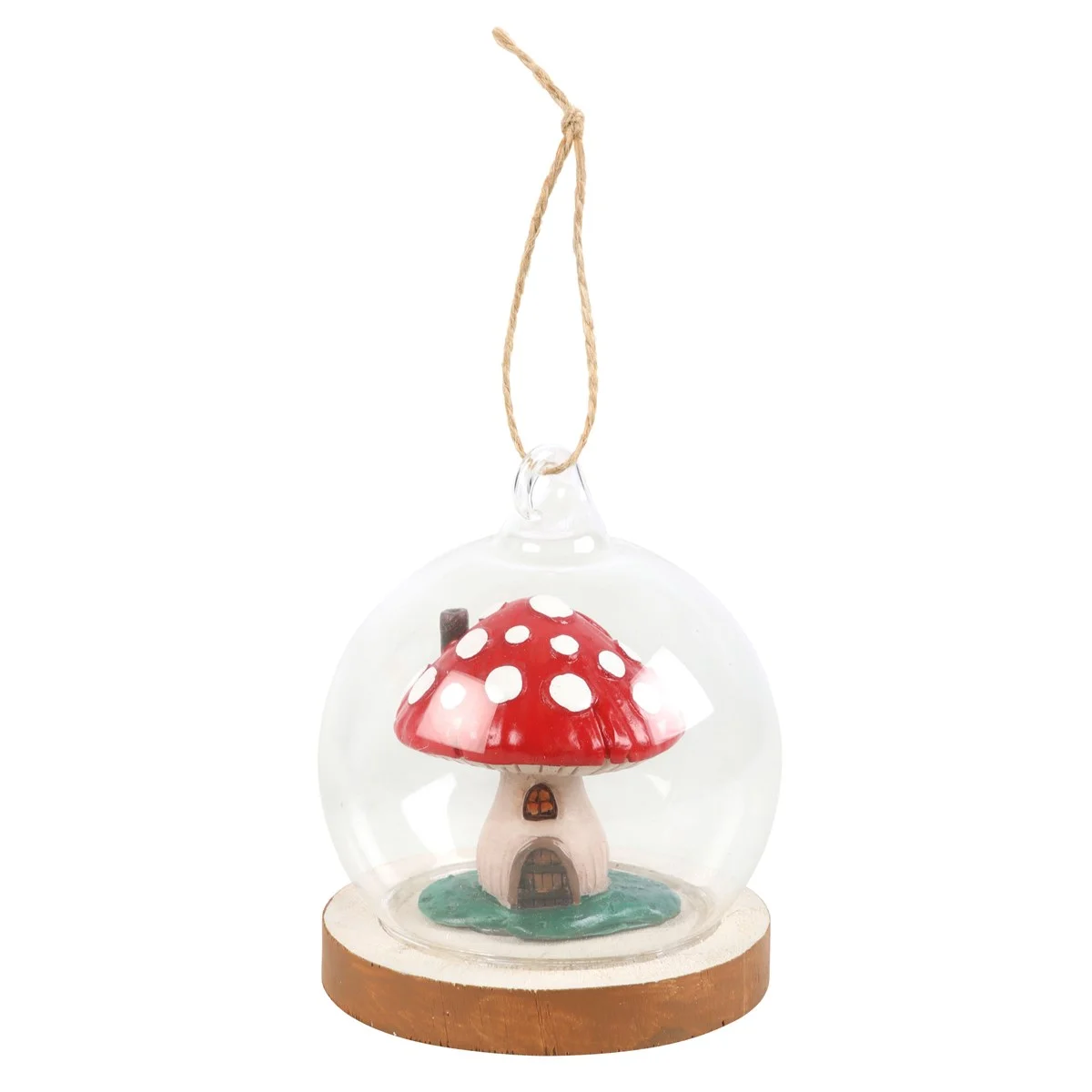 Whimsical mushroom house inside a glass dome decoration hanging with a loop, perfect for festive winter decor