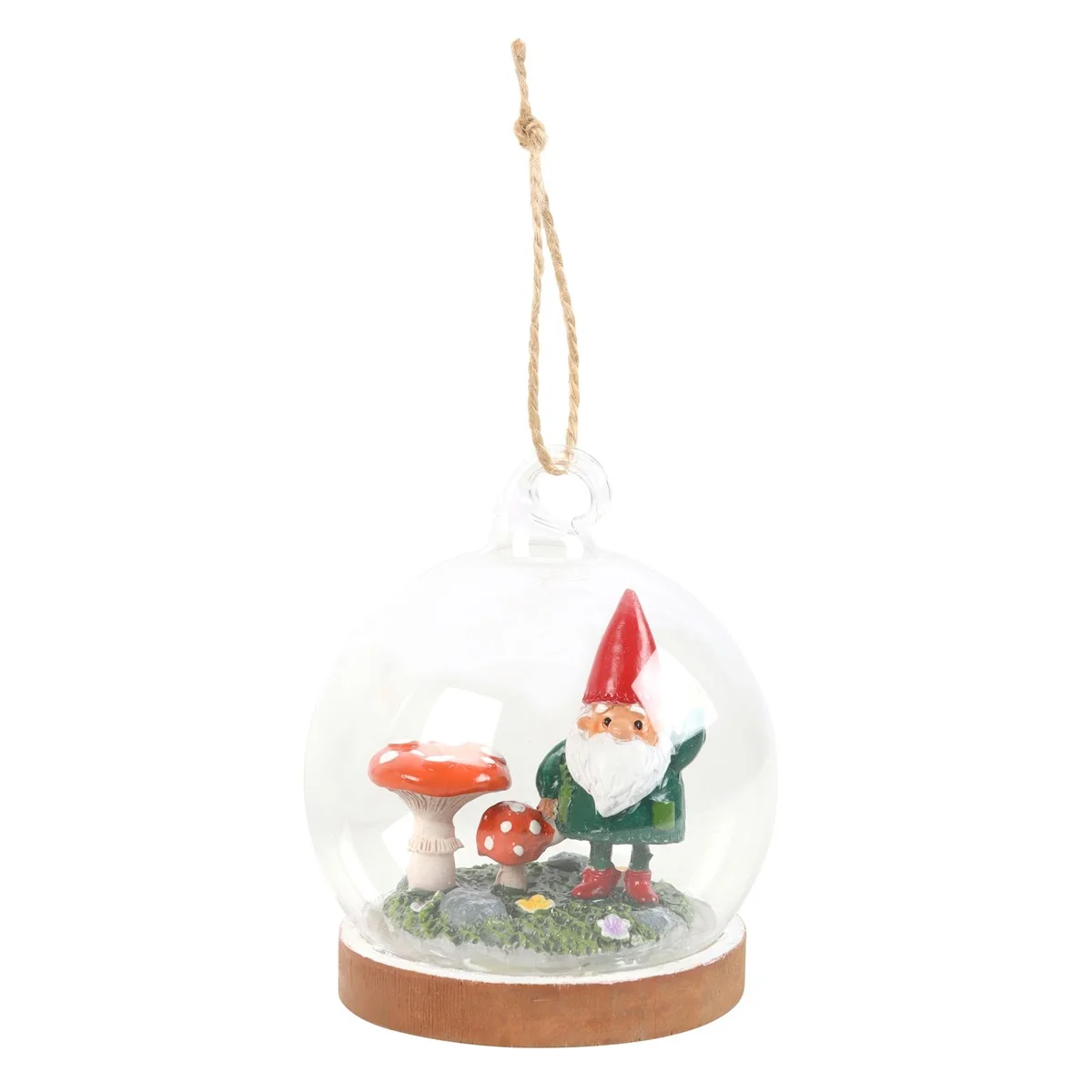 Gnome glass dome decoration with a small gnome and two toadstools inside a clear hanging glass dome
