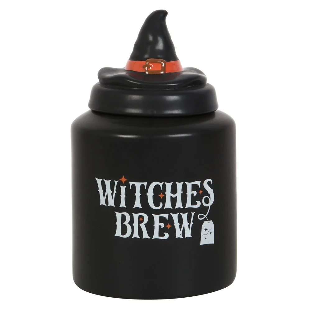 Ceramic tea canister with 'Witches Brew' text and a witch hat lid topper, fun Halloween kitchen decor