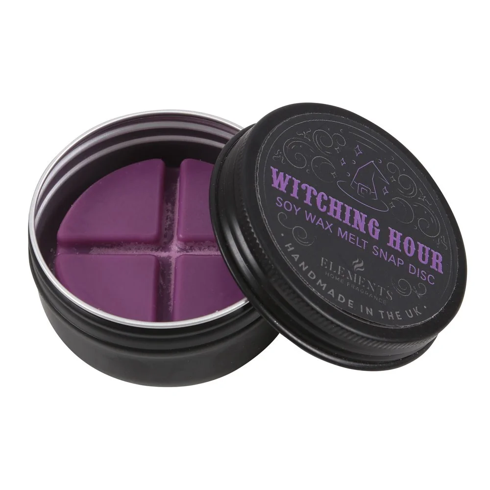 Witching Hour soy wax melts snap disc with four sections in a black tin from Gothic home fragrance range
