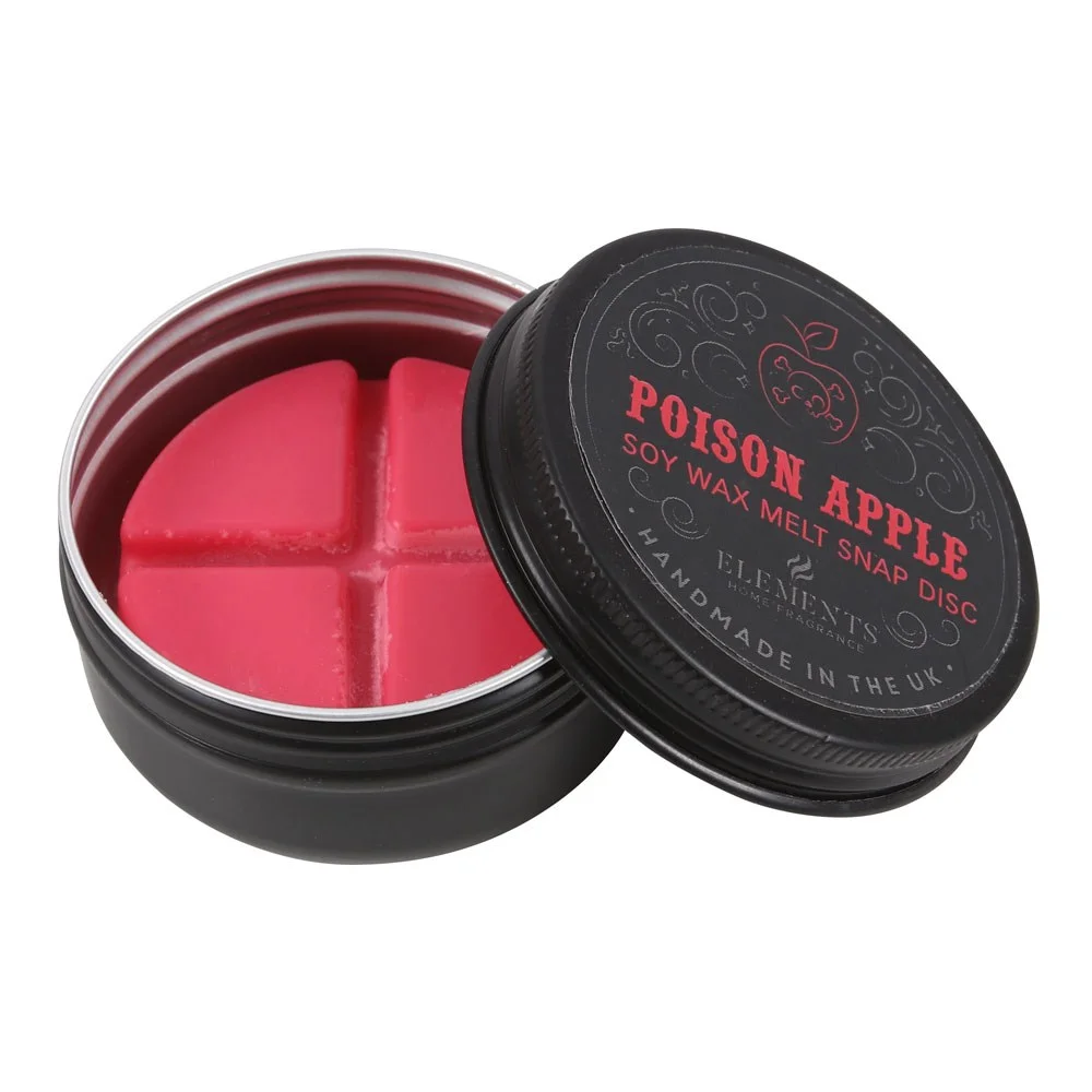 Poison Apple soy wax melts snap disc in a round tin with green apple and pear scent, divided into four sections